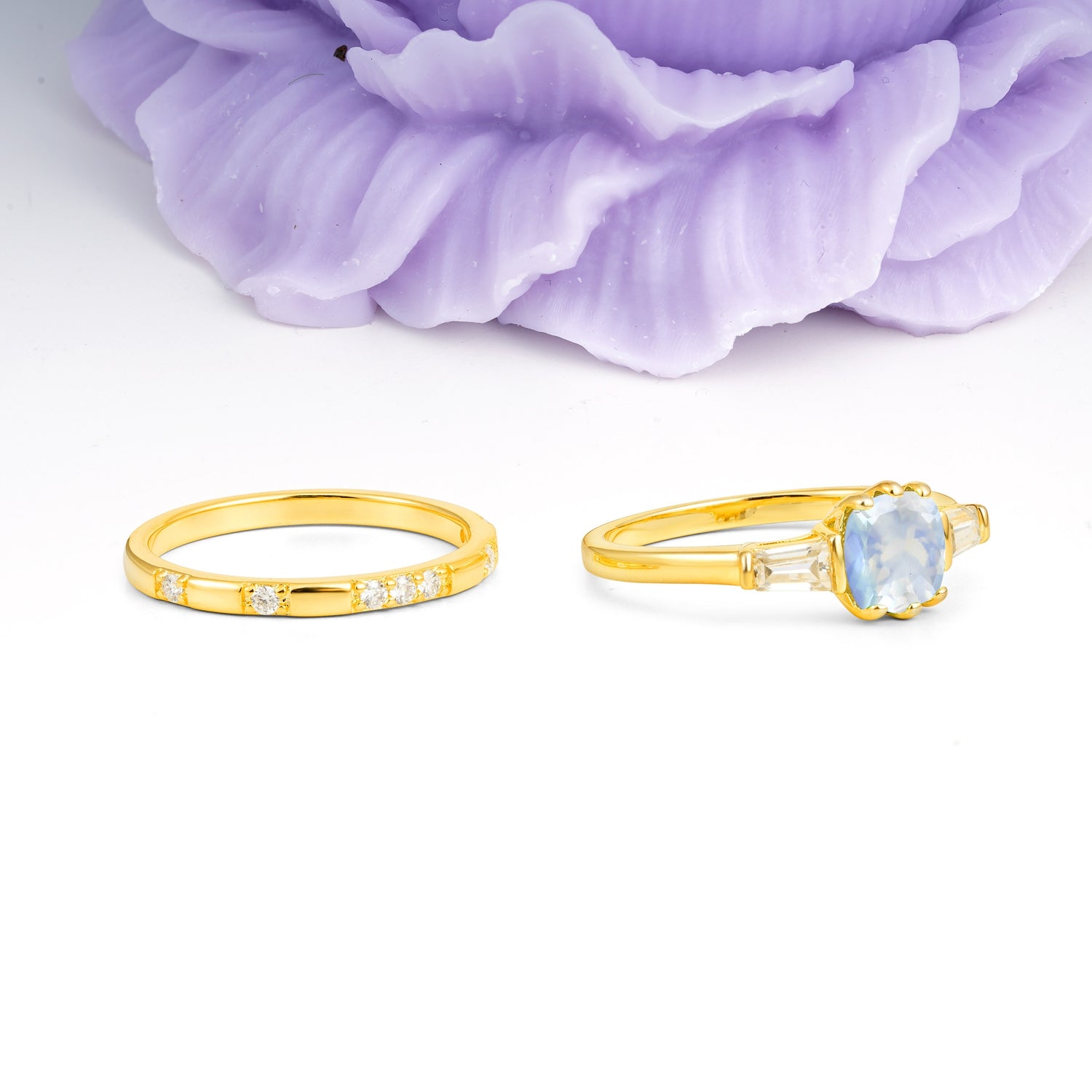 Luxurious & Minimalist 6-Prong Princess-Cut Moonstone Bridal Ring Set - Additional view