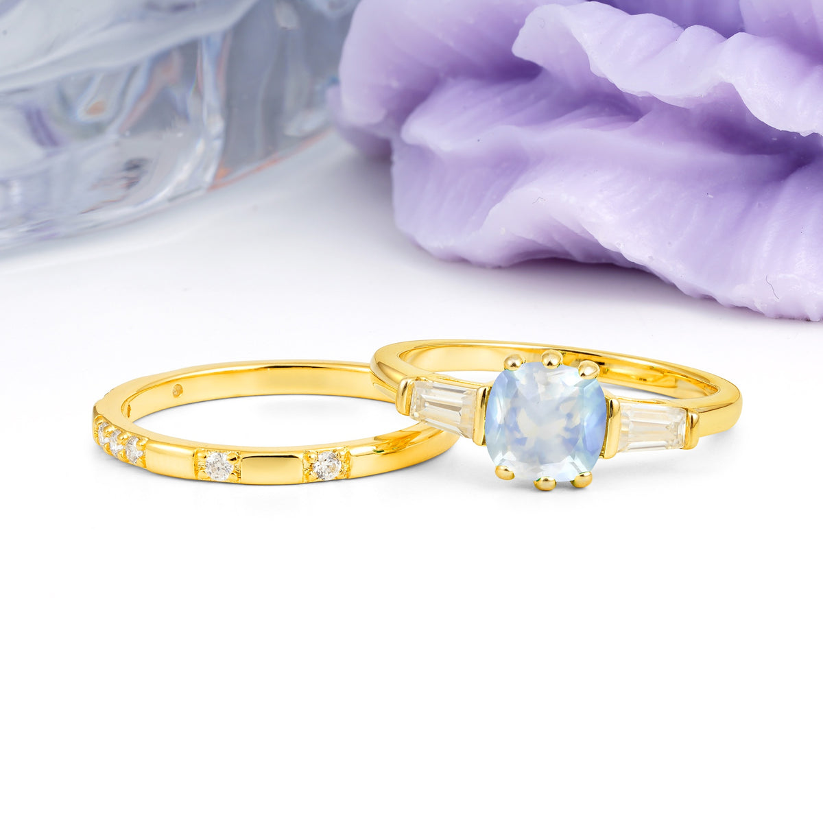 Luxurious & Minimalist 6-Prong Princess-Cut Moonstone Bridal Ring Set - Additional view