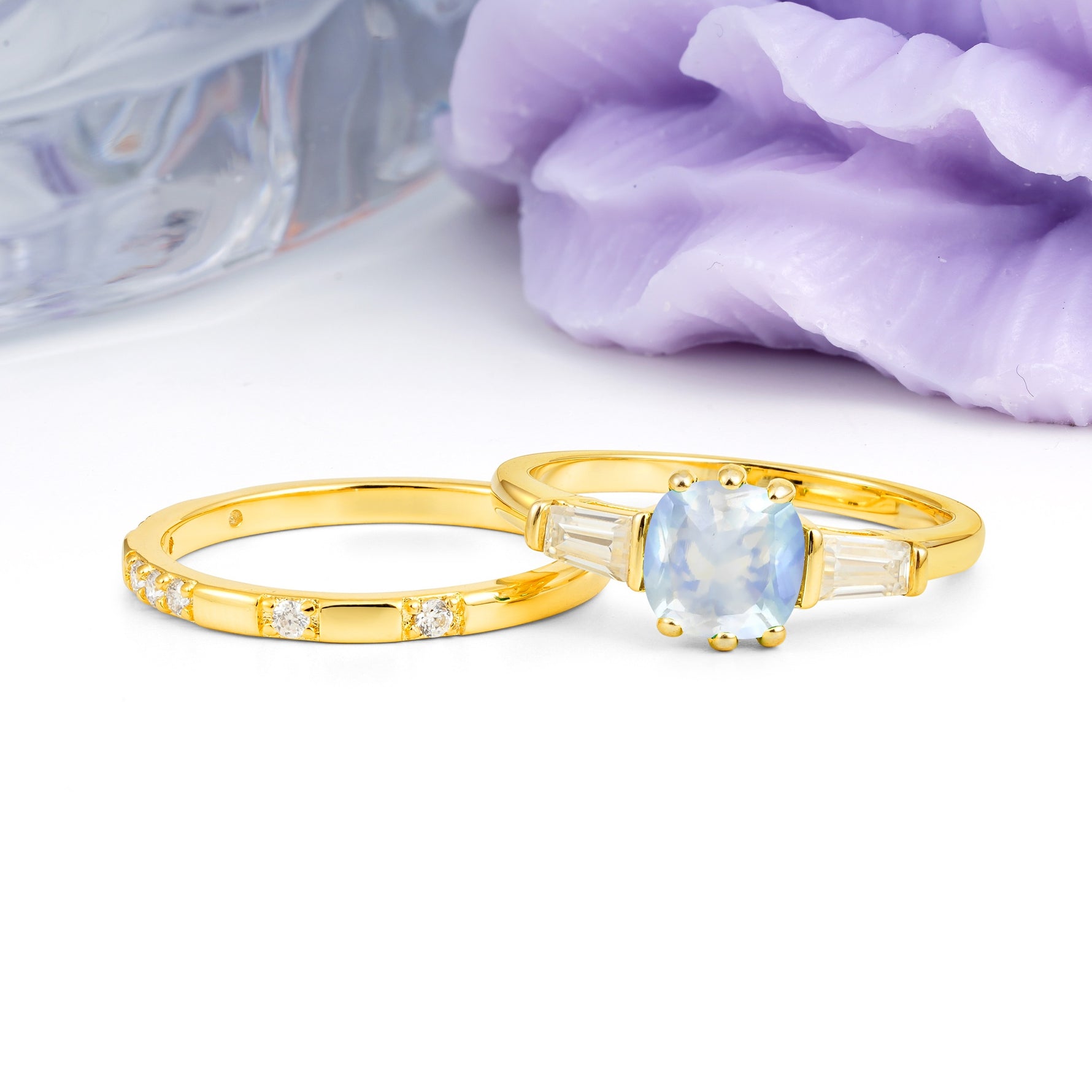 Luxurious & Minimalist 6-Prong Princess-Cut Moonstone Bridal Ring Set - Additional view