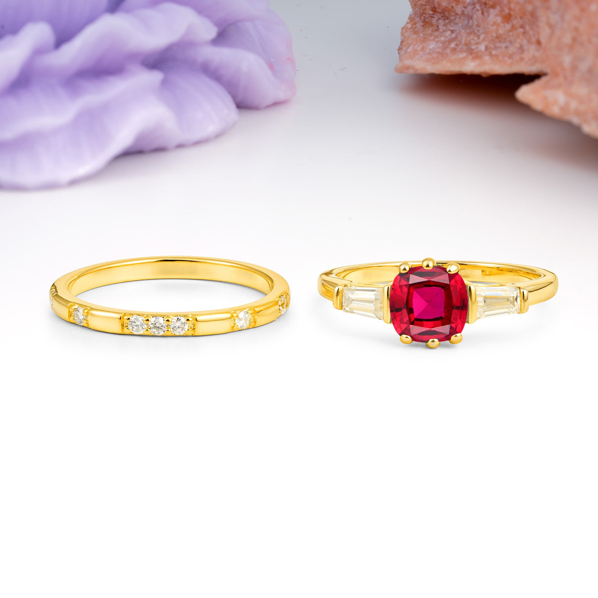 Luxurious & Minimalist 6-Prong Princess-Cut Ruby Bridal Ring Set - Additional view