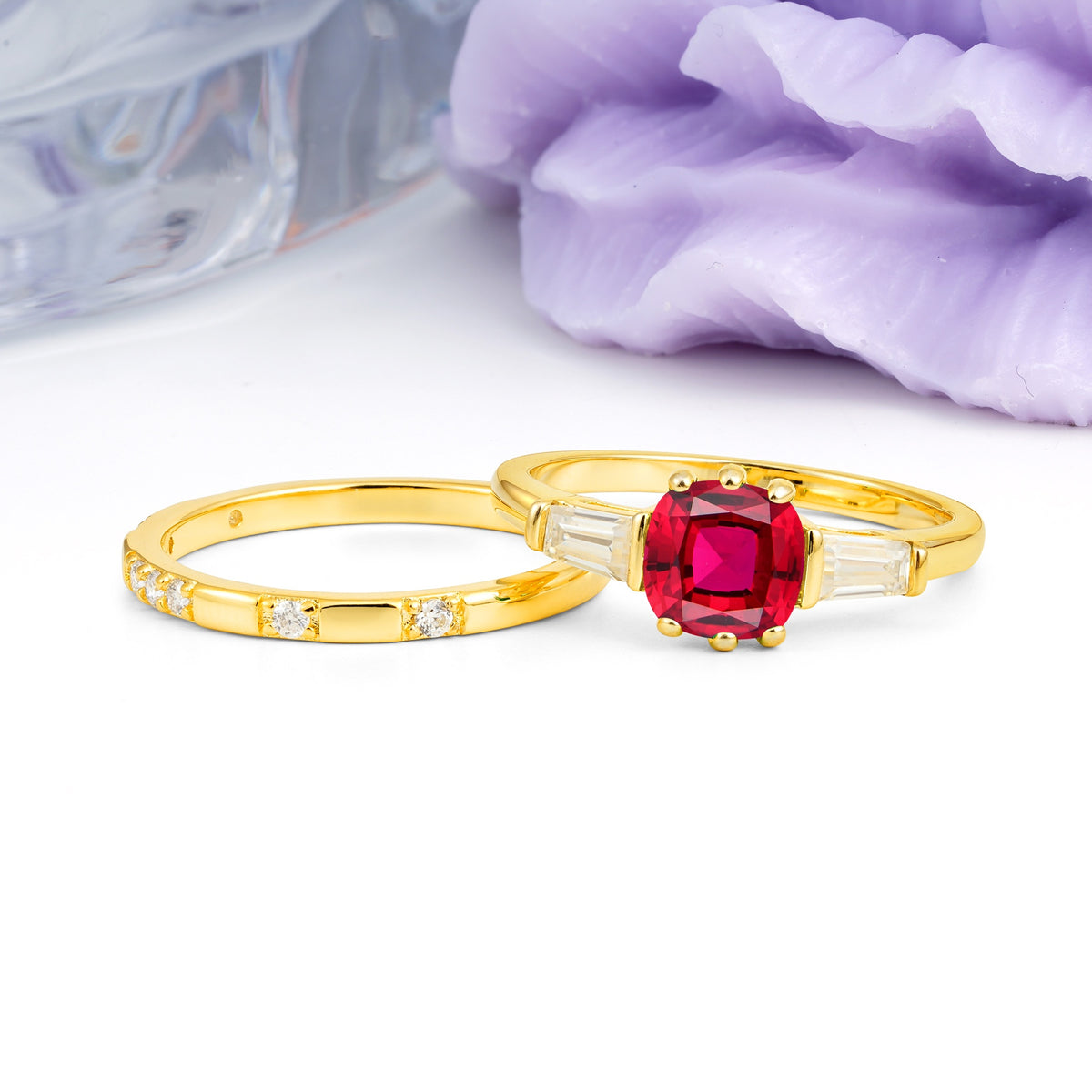 Luxurious & Minimalist 6-Prong Princess-Cut Ruby Bridal Ring Set - Additional view