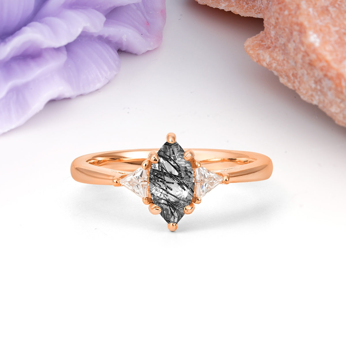 Unique 6-Prong Marquise-Cut Black Rutilated Quartz Engagement Ring - Additional view
