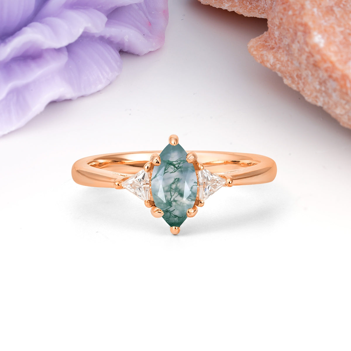 Unique 6-Prong Marquise-Cut Moss Agate Engagement Ring - Additional view