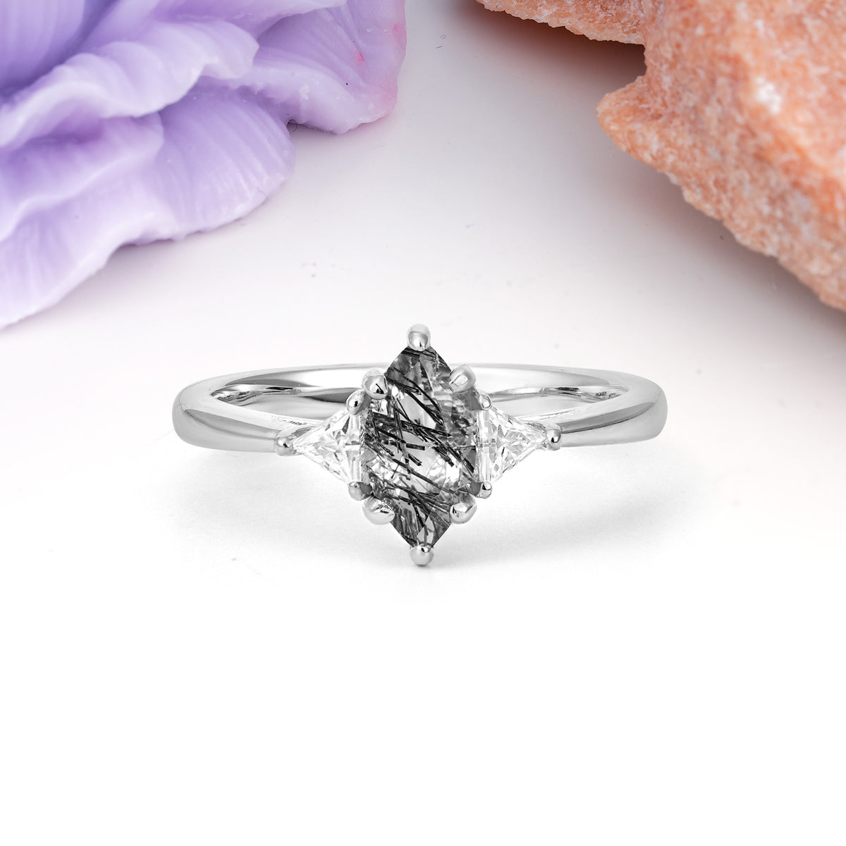 Unique 6-Prong Marquise-Cut Black Rutilated Quartz Engagement Ring - Additional view