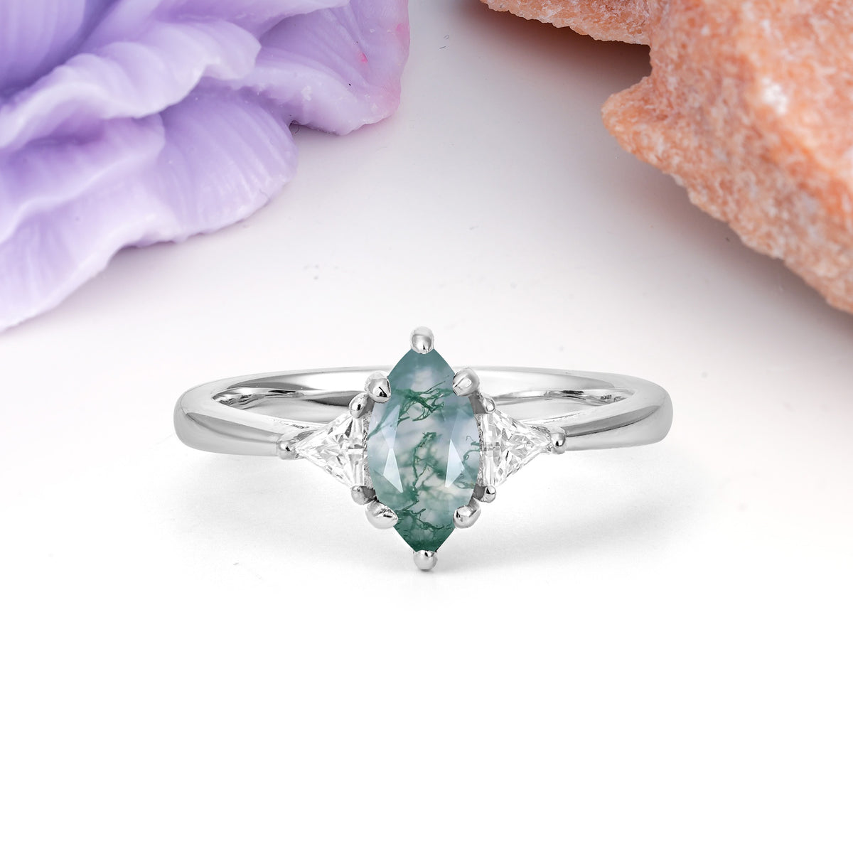 Unique 6-Prong Marquise-Cut Moss Agate Engagement Ring - Additional view