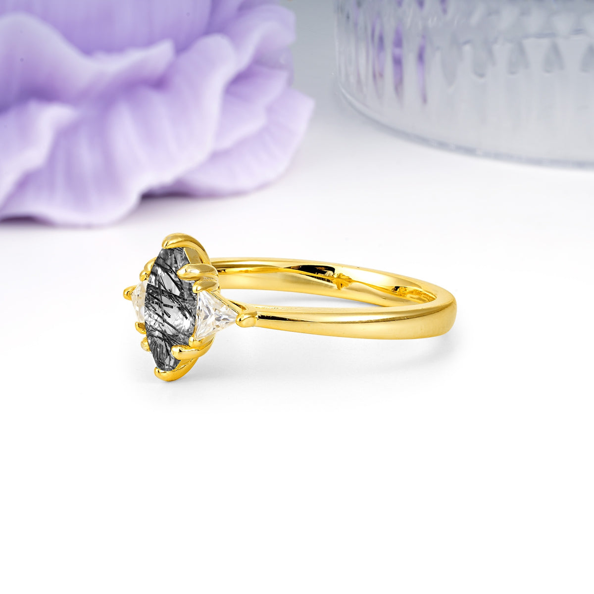 Unique 6-Prong Marquise-Cut Black Rutilated Quartz Engagement Ring - Additional view