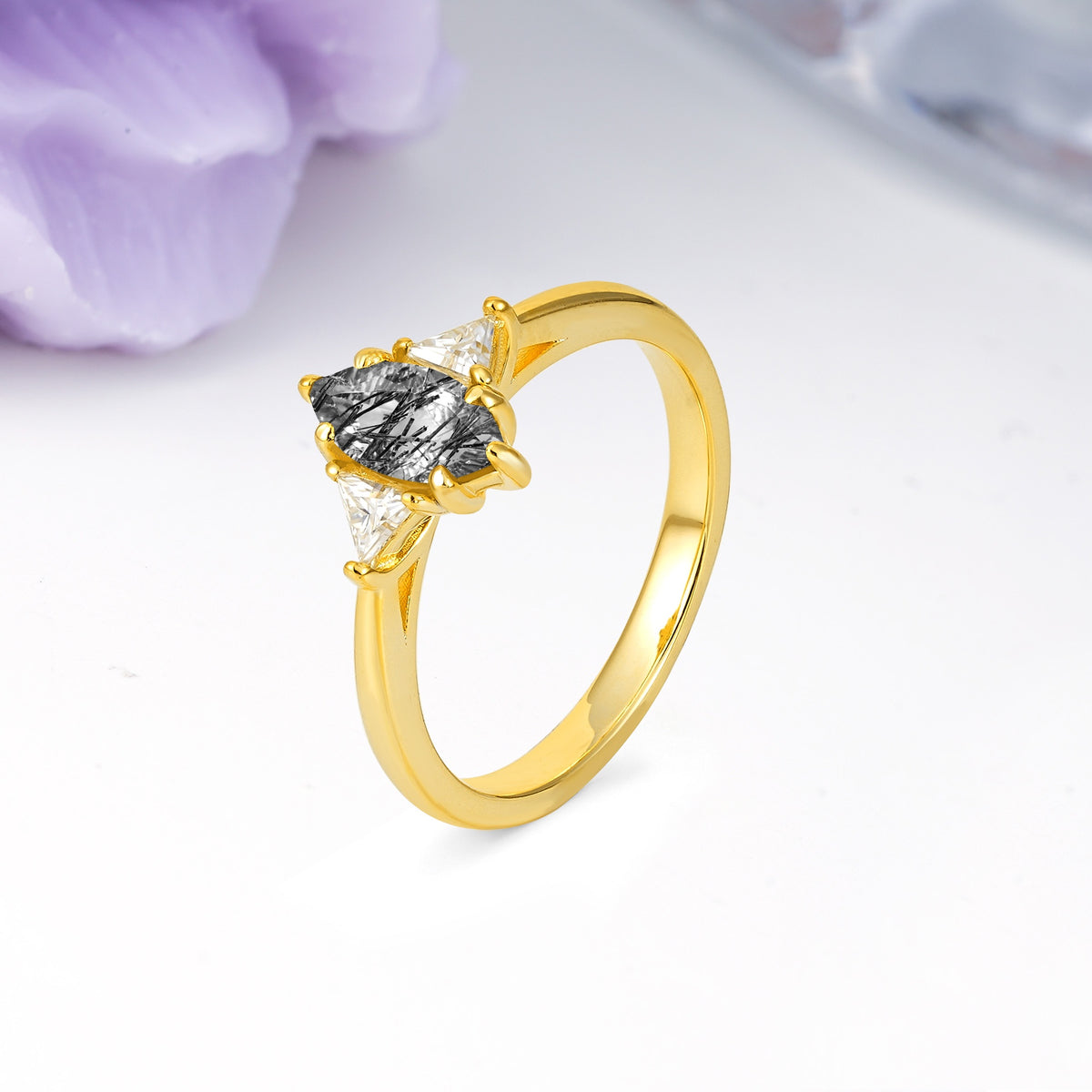 Unique 6-Prong Marquise-Cut Black Rutilated Quartz Engagement Ring - Additional view