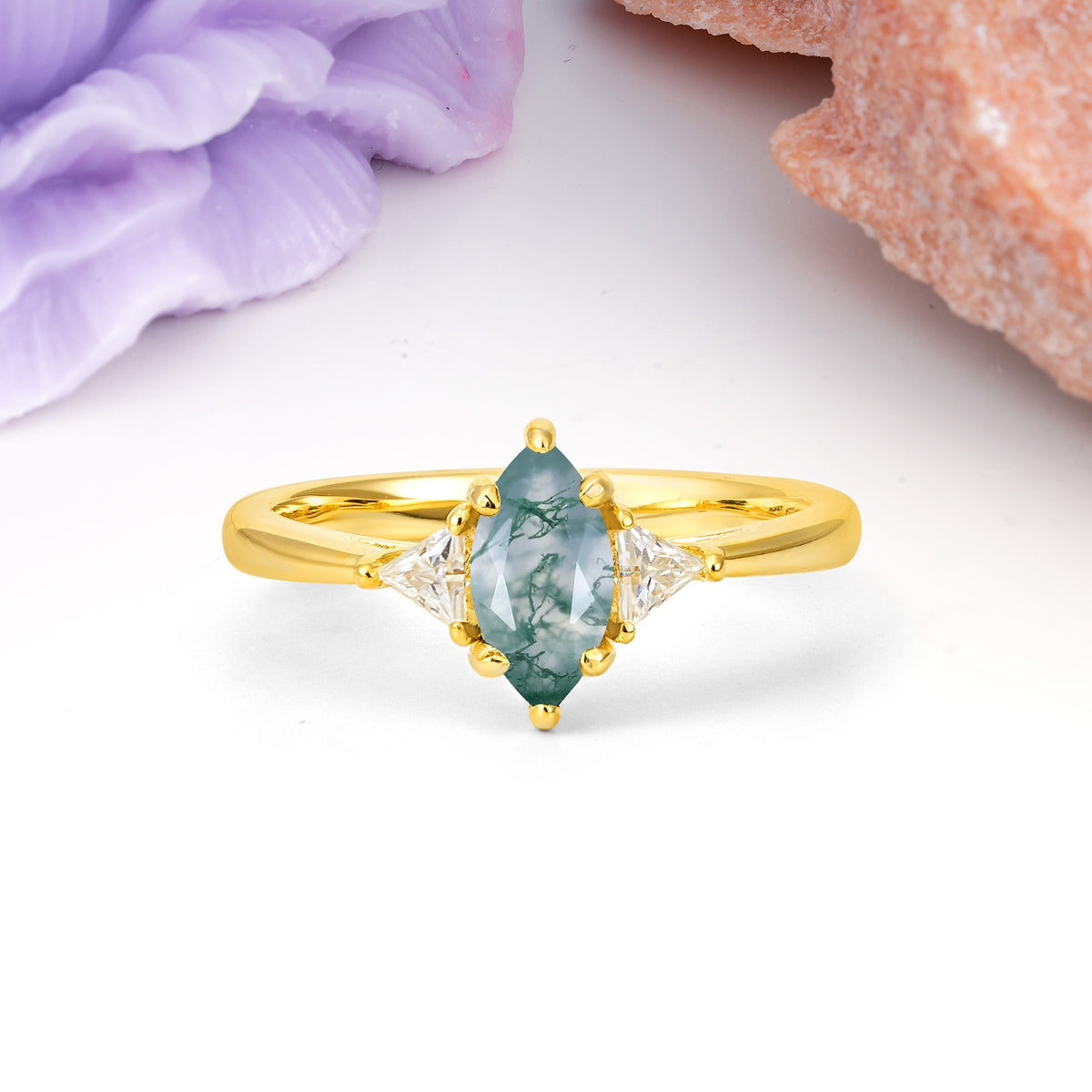 Unique 6-Prong Marquise-Cut Moss Agate Engagement Ring - Additional view