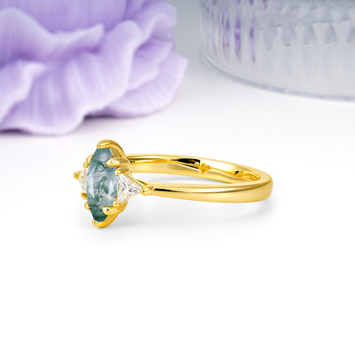 Unique 6-Prong Marquise-Cut Moss Agate Engagement Ring - Additional view