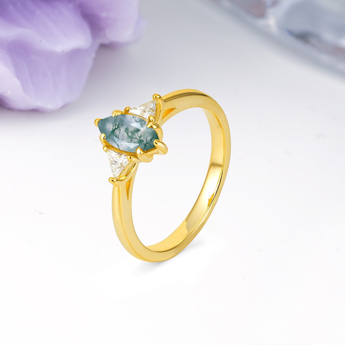 Unique 6-Prong Marquise-Cut Moss Agate Engagement Ring - Additional view