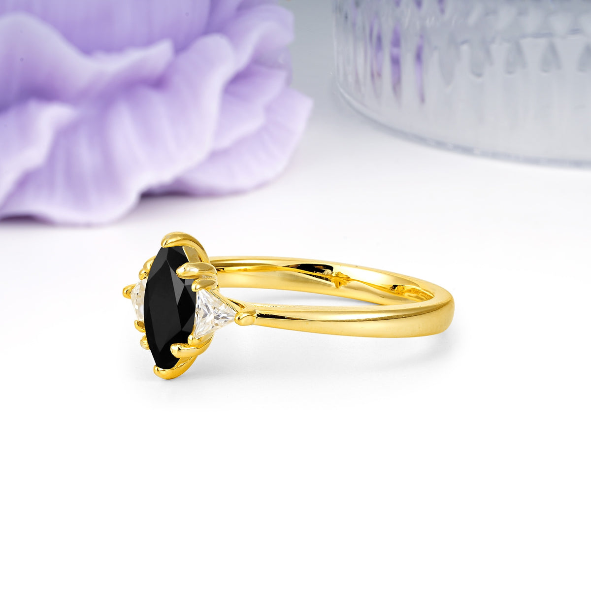 Unique 6-Prong Marquise-Cut Black Onyx Engagement Ring - Additional view