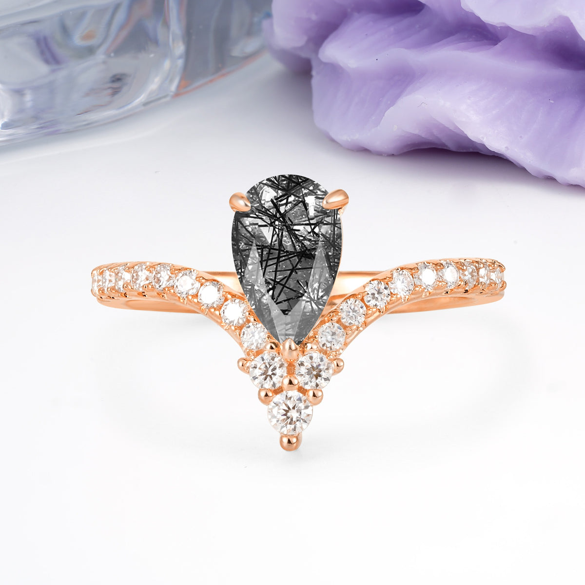 Luxurious Crown 3-Prong Pear Cut Black Rutilated Quartz Engagement Ring - Additional view