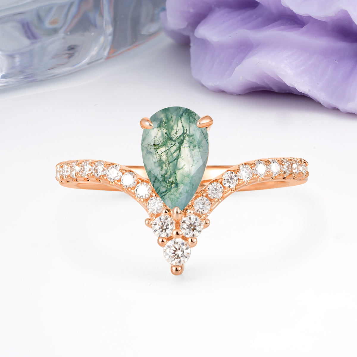Luxurious Crown 3-Prong Pear Cut Moss Agate Engagement Ring - Additional view