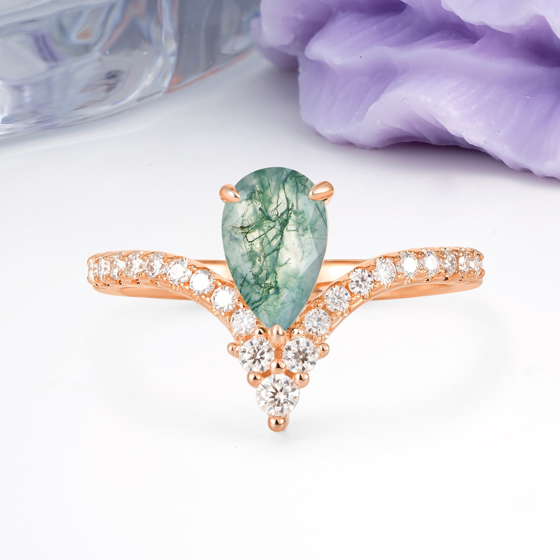 Luxurious Crown 3-Prong Pear Cut Moss Agate Engagement Ring - Additional view