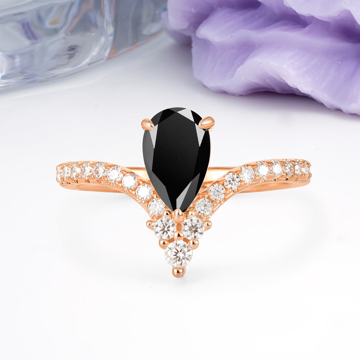 Luxurious Crown 3-Prong Pear Cut Black Onyx Engagement Ring - Additional view