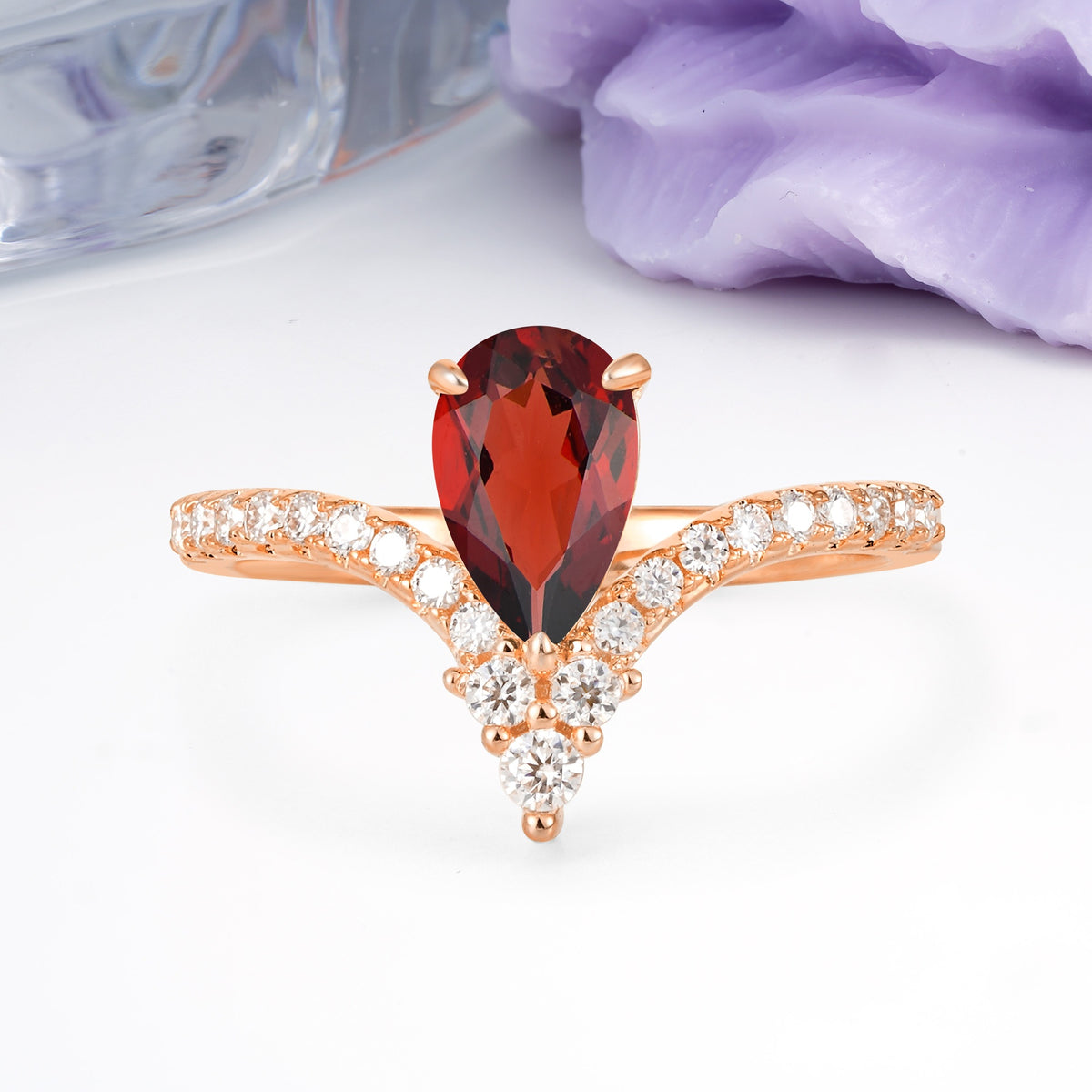 Luxurious Crown 3-Prong Pear Cut Garnet Engagement Ring - Additional view