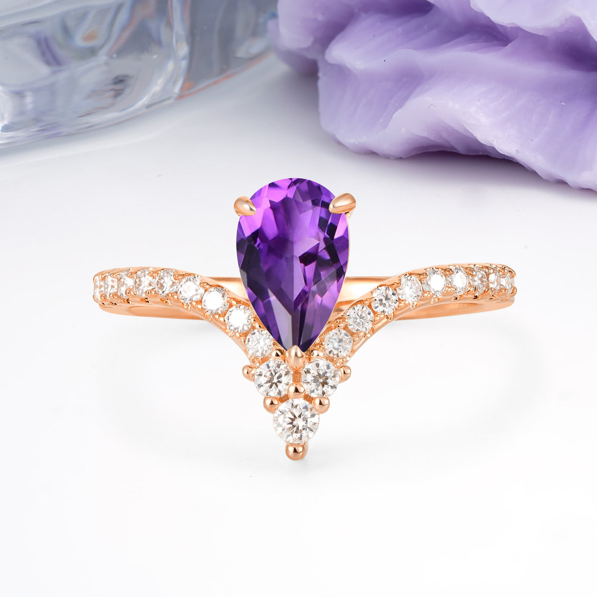 Luxurious Crown 3-Prong Pear Cut Amethyst Engagement Ring - Additional view