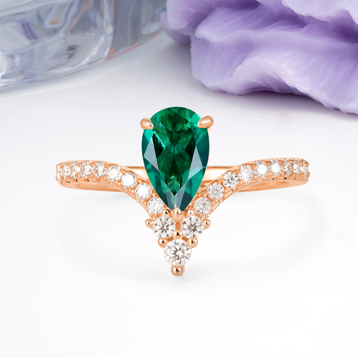 Luxurious Crown 3-Prong Pear Cut Emerald Engagement Ring - Additional view