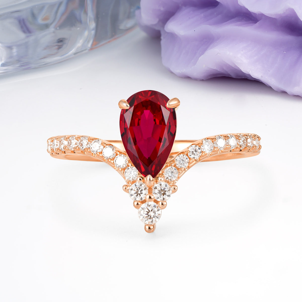 Luxurious Crown 3-Prong Pear Cut Ruby Engagement Ring - Additional view