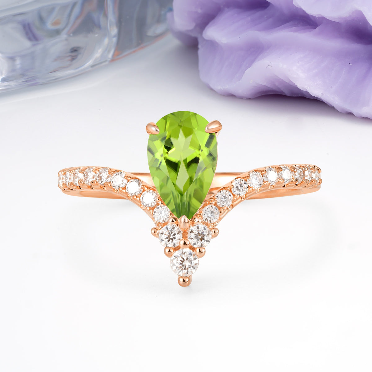 Luxurious Crown 3-Prong Pear Cut Peridot Engagement Ring - Additional view