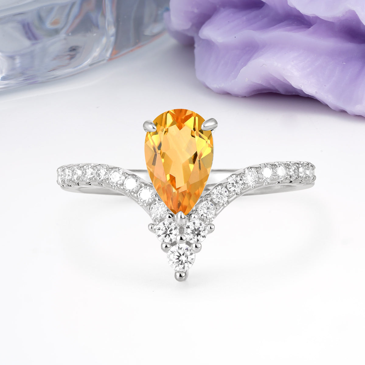Luxurious Crown 3-Prong Pear Cut Citrine Engagement Ring - Additional view