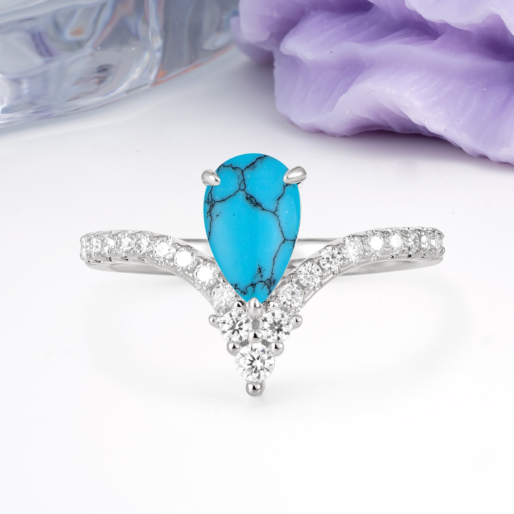 Luxurious Crown 3-Prong Pear Cut Turquoise Engagement Ring - Additional view