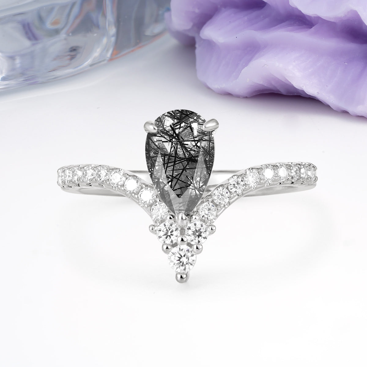 Luxurious Crown 3-Prong Pear Cut Black Rutilated Quartz Engagement Ring - Additional view