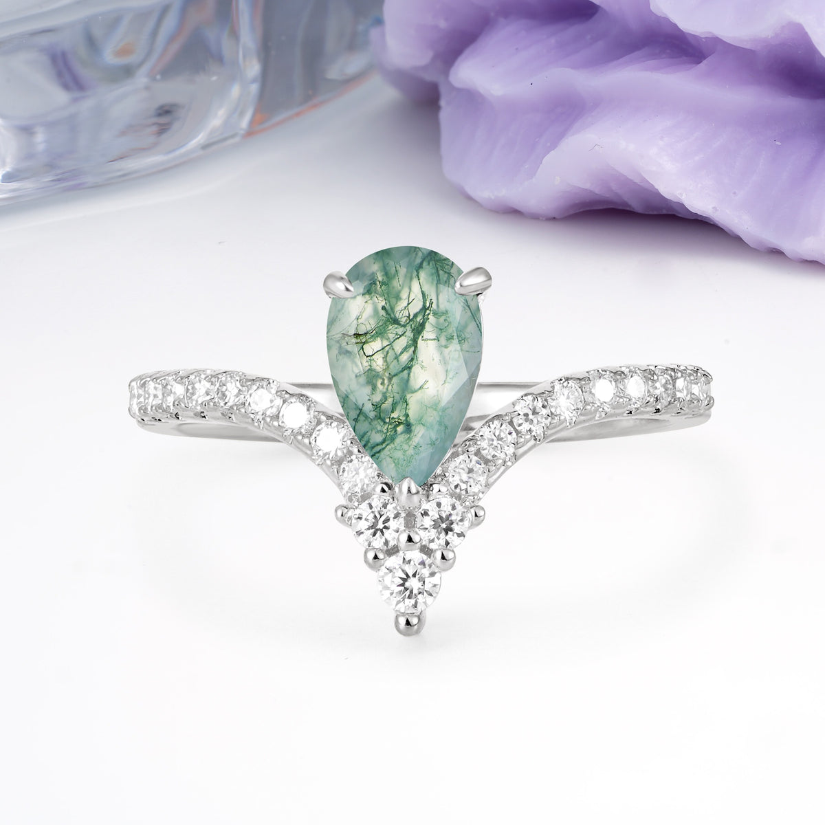 Luxurious Crown 3-Prong Pear Cut Moss Agate Engagement Ring - Additional view