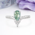 Luxurious Crown 3-Prong Pear Cut Moss Agate Engagement Ring - Additional view