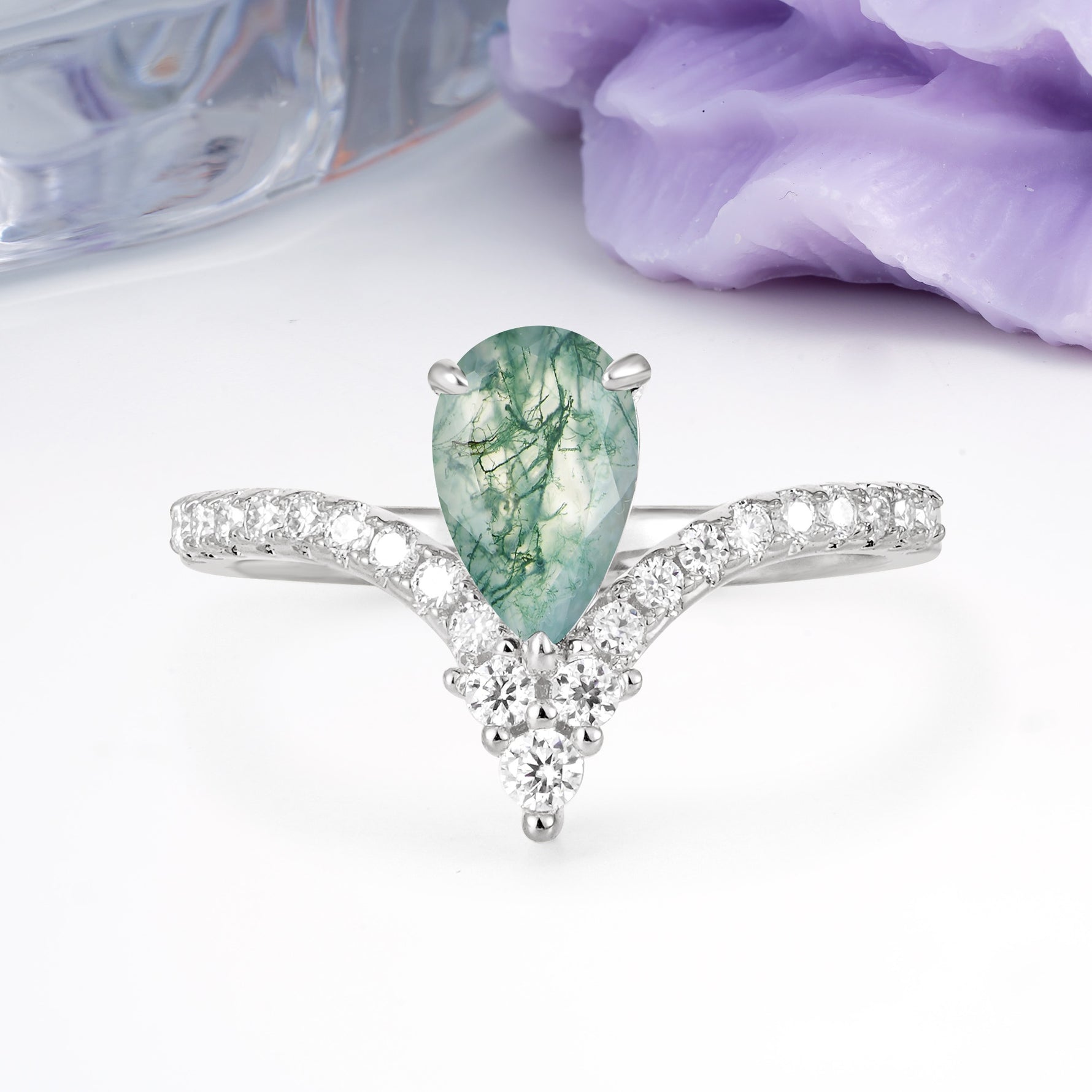 Luxurious Crown 3-Prong Pear Cut Moss Agate Engagement Ring - Additional view
