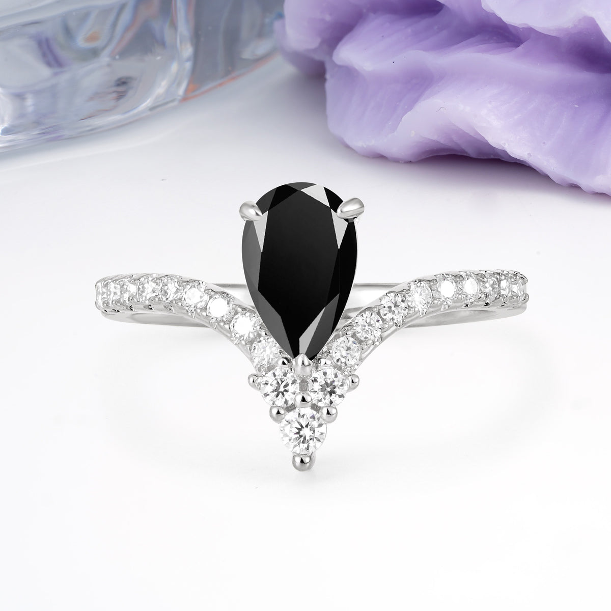 Luxurious Crown 3-Prong Pear Cut Black Onyx Engagement Ring - Additional view