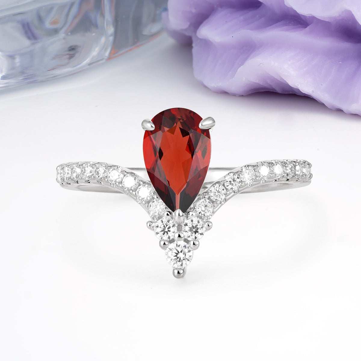 Luxurious Crown 3-Prong Pear Cut Garnet Engagement Ring - Additional view