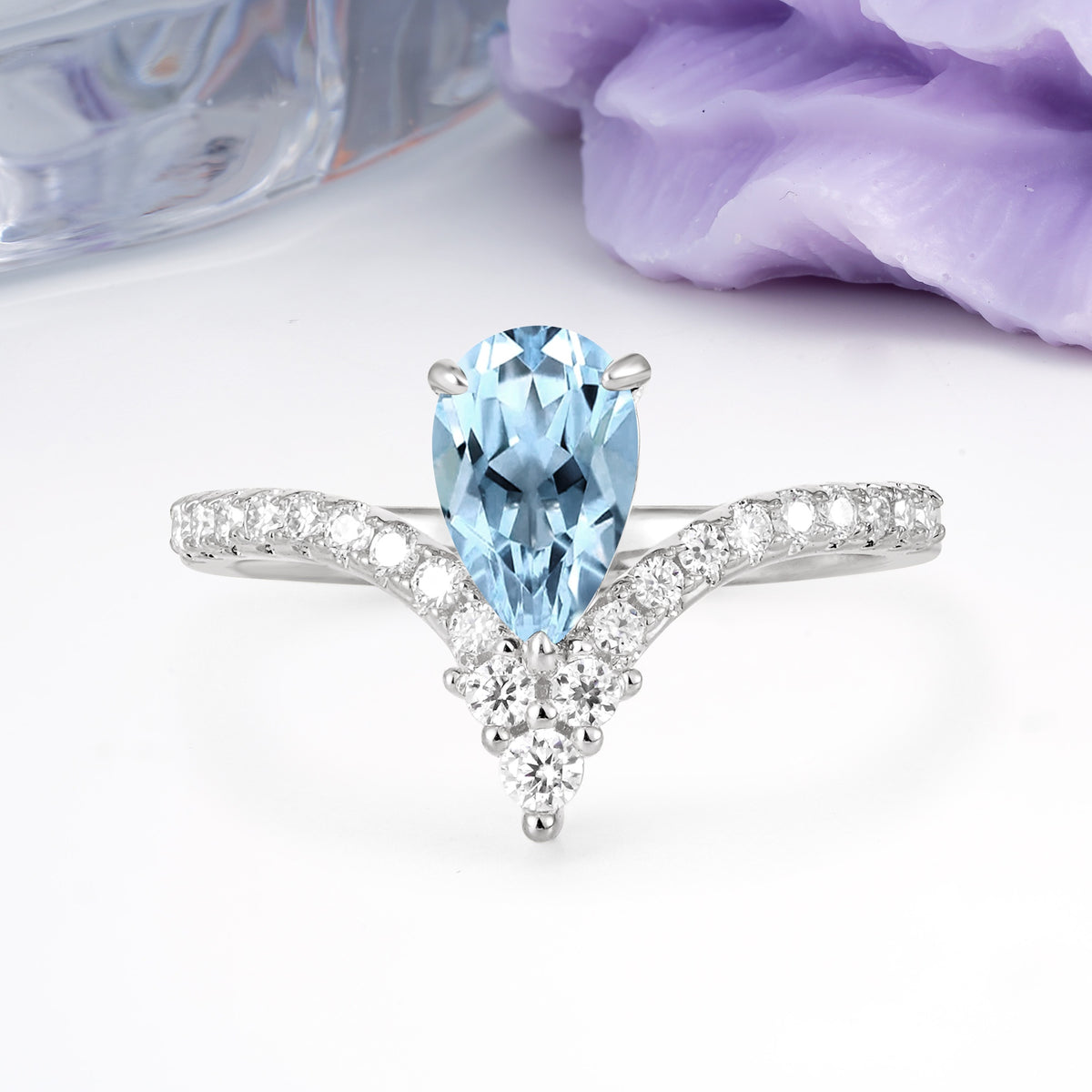 Luxurious Crown 3-Prong Pear Cut Aquamarine Engagement Ring - Additional view
