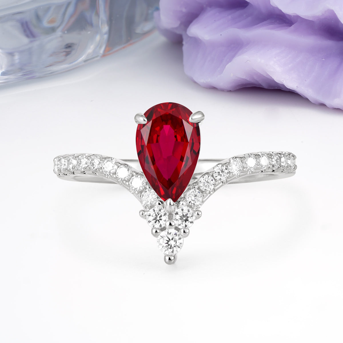 Luxurious Crown 3-Prong Pear Cut Ruby Engagement Ring - Additional view