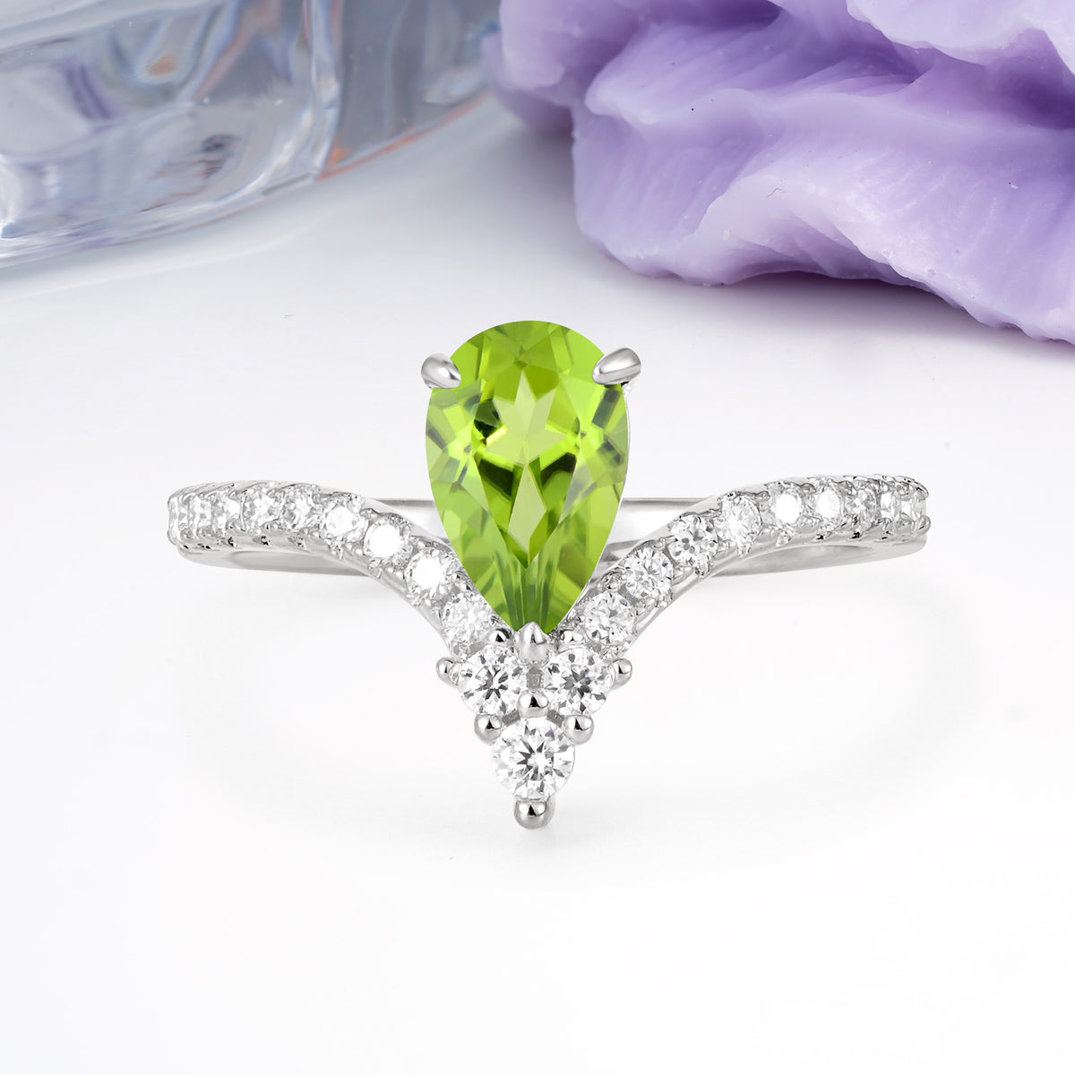 Luxurious Crown 3-Prong Pear Cut Peridot Engagement Ring - Additional view