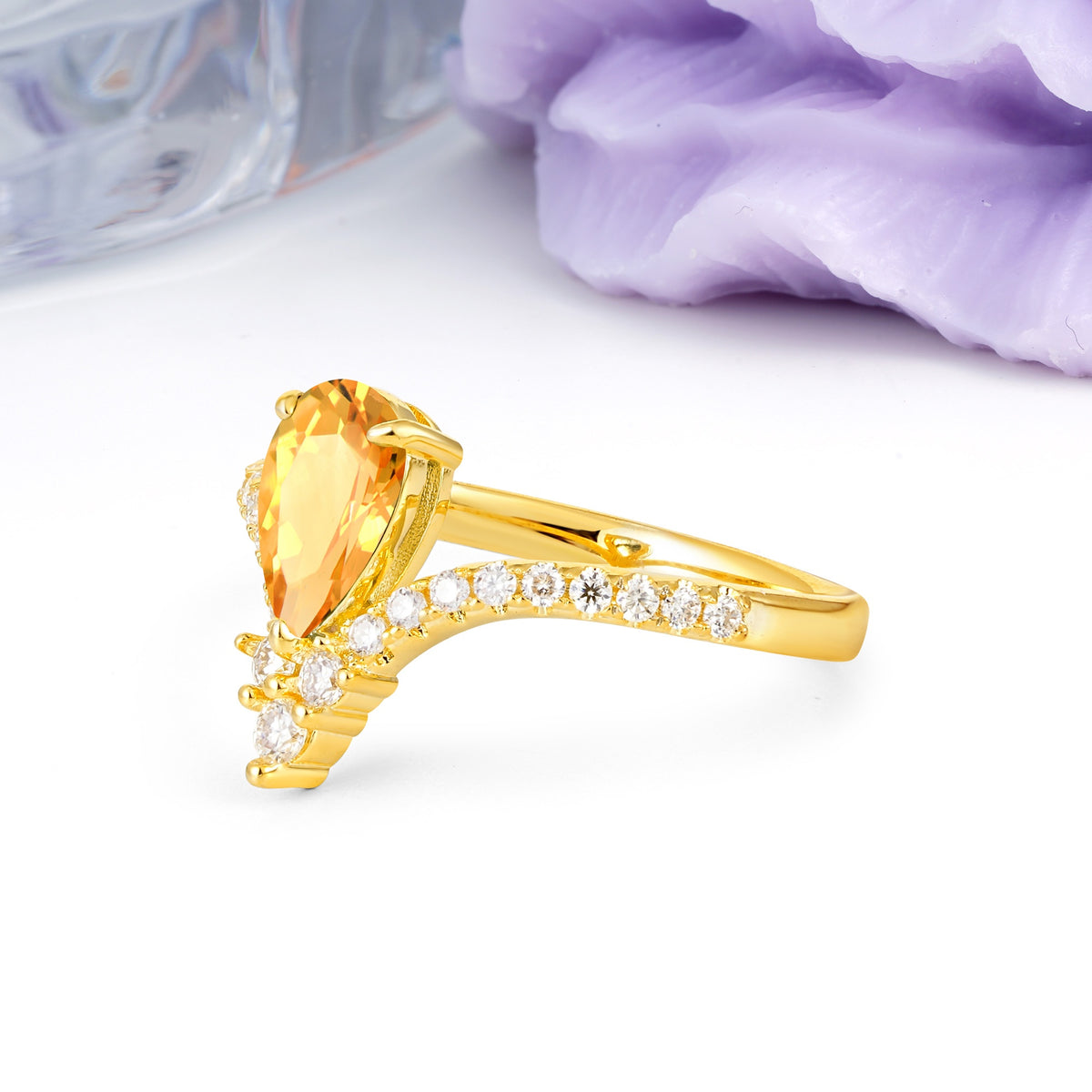Luxurious Crown 3-Prong Pear Cut Citrine Engagement Ring - Additional view