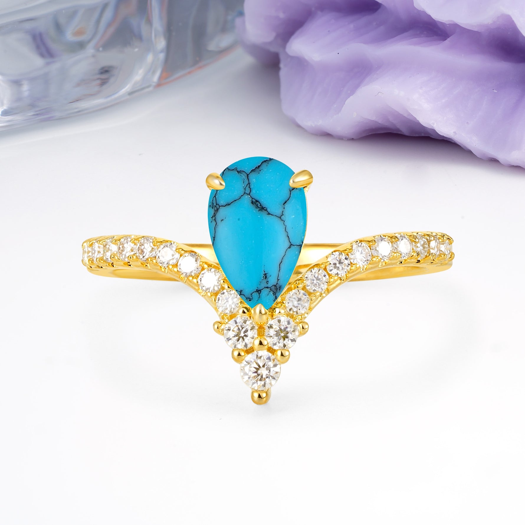 Luxurious Crown 3-Prong Pear Cut Turquoise Engagement Ring - Additional view