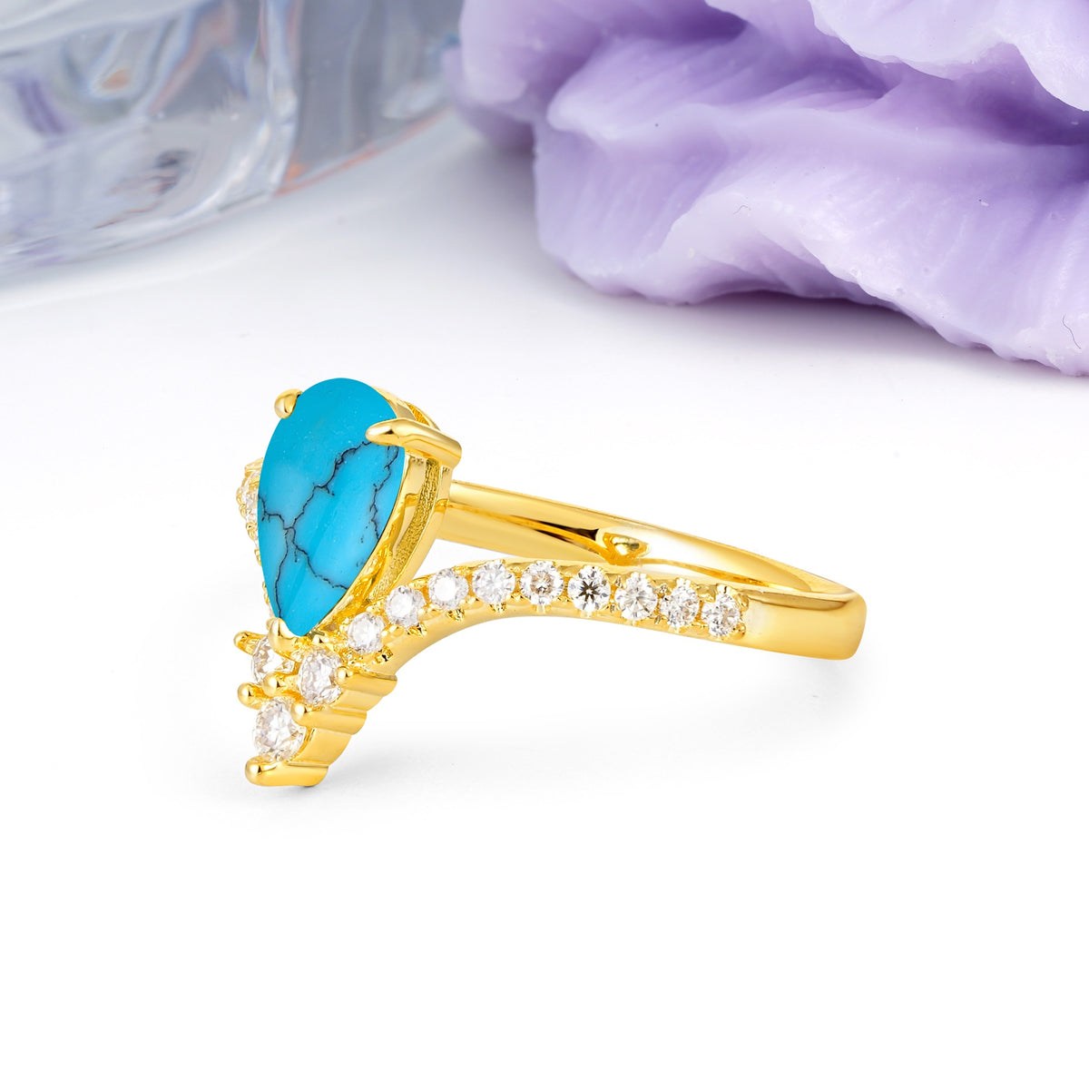 Luxurious Crown 3-Prong Pear Cut Turquoise Engagement Ring - Additional view