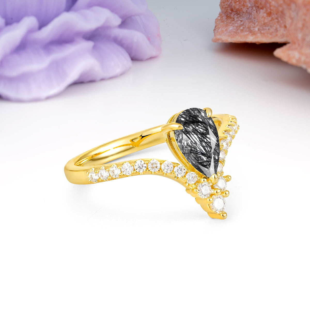 Luxurious Crown 3-Prong Pear Cut Black Rutilated Quartz Engagement Ring - Additional view