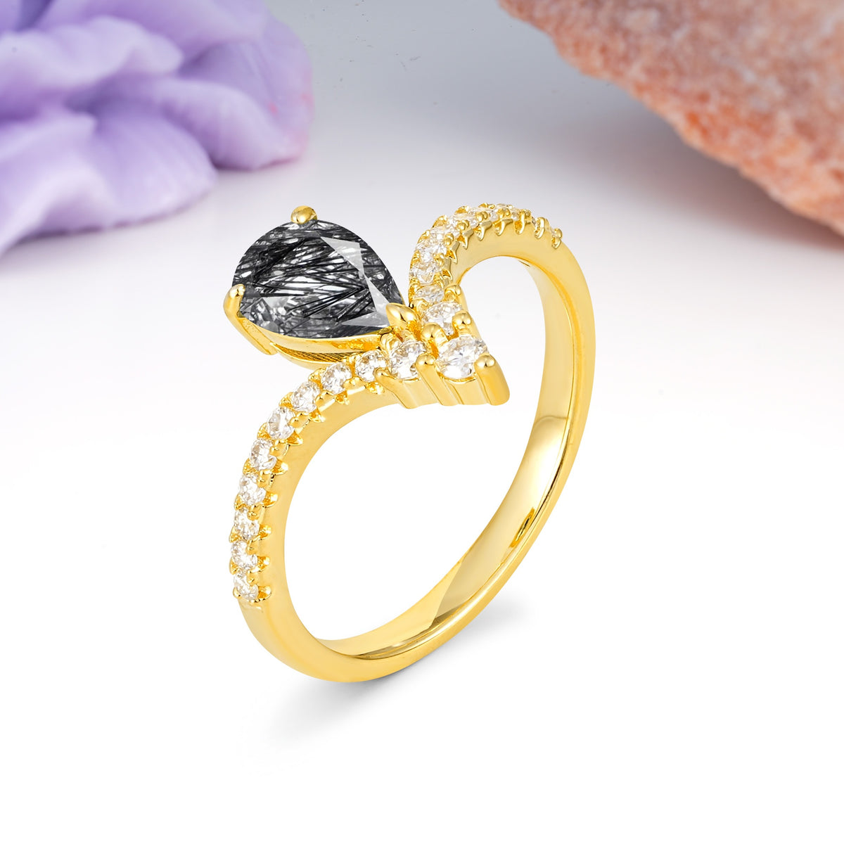 Luxurious Crown 3-Prong Pear Cut Black Rutilated Quartz Engagement Ring - Additional view