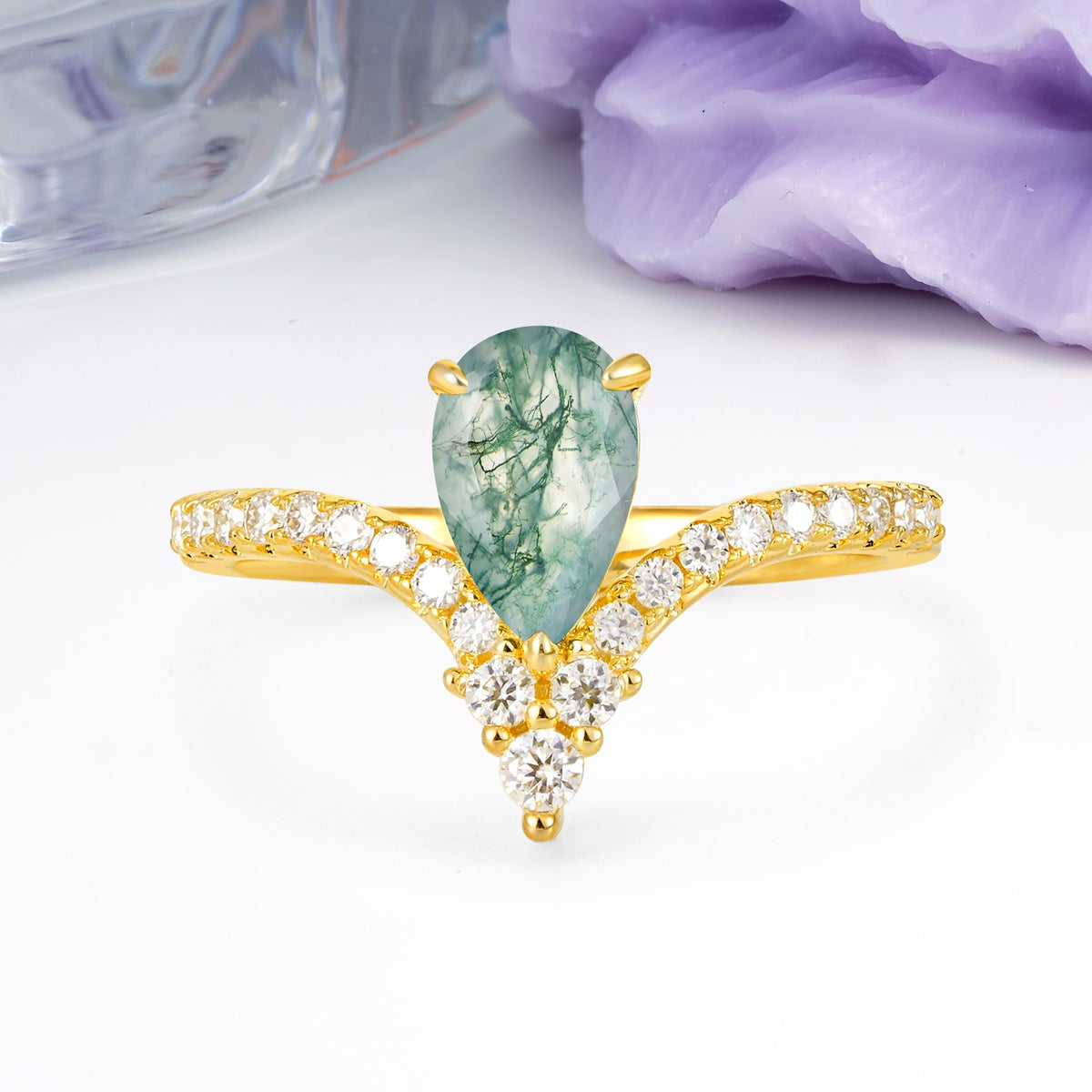 Luxurious Crown 3-Prong Pear Cut Moss Agate Engagement Ring - Additional view