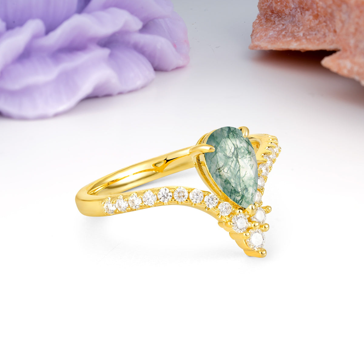 Luxurious Crown 3-Prong Pear Cut Moss Agate Engagement Ring - Additional view