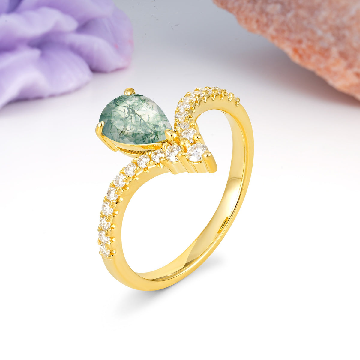 Luxurious Crown 3-Prong Pear Cut Moss Agate Engagement Ring - Additional view