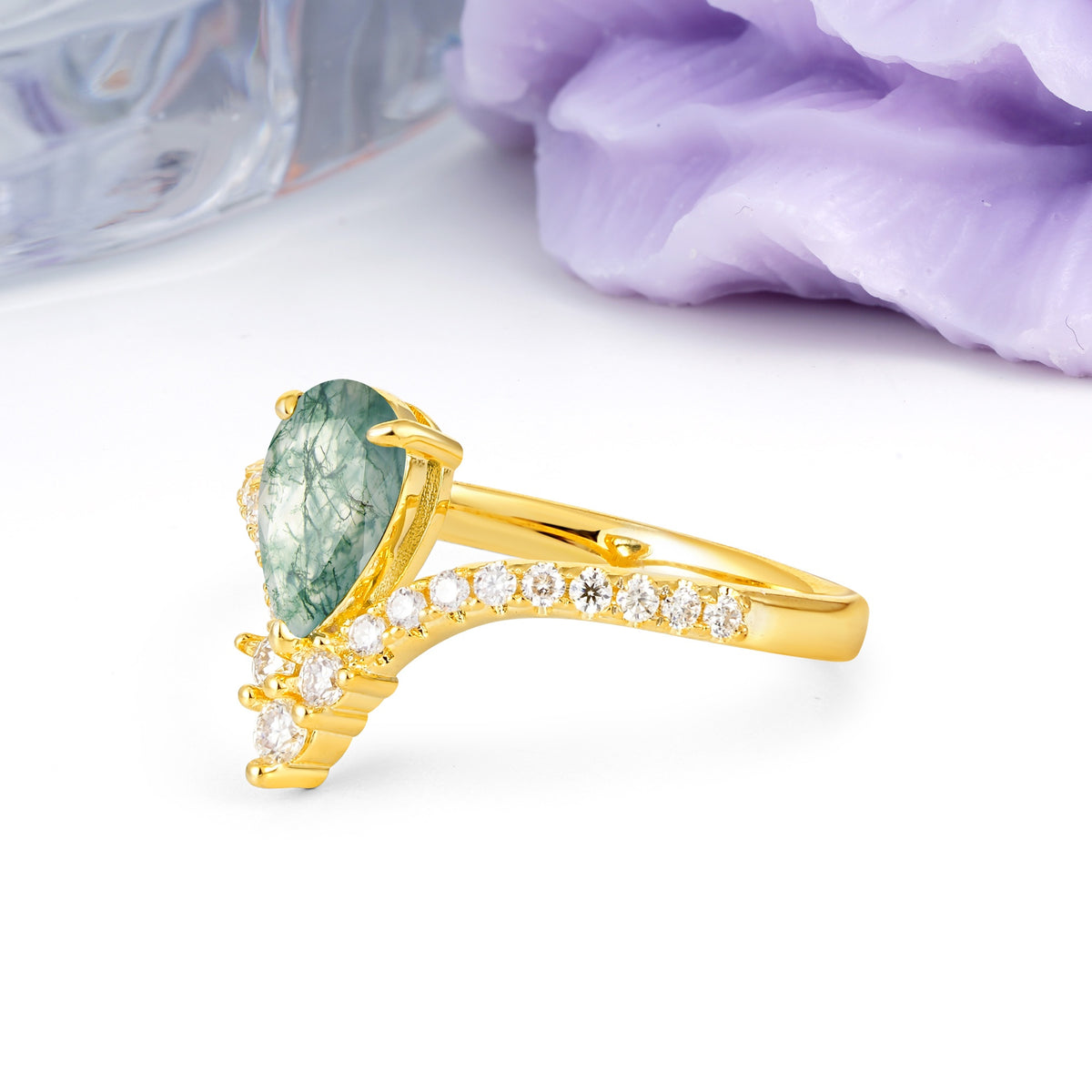 Luxurious Crown 3-Prong Pear Cut Moss Agate Engagement Ring - Additional view