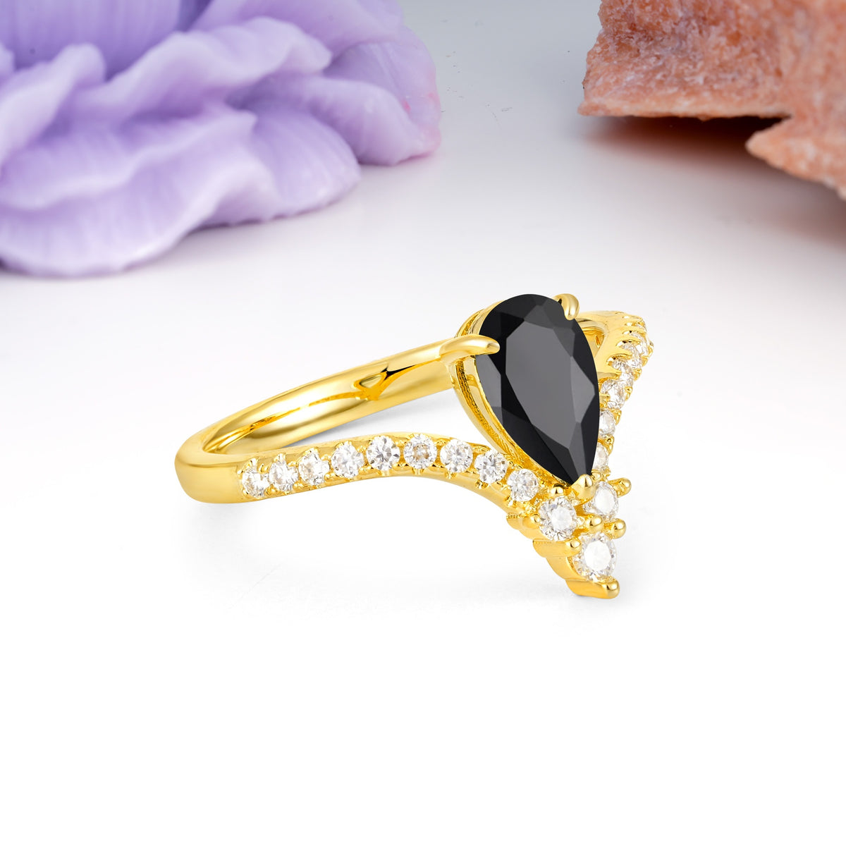 Luxurious Crown 3-Prong Pear Cut Black Onyx Engagement Ring - Additional view