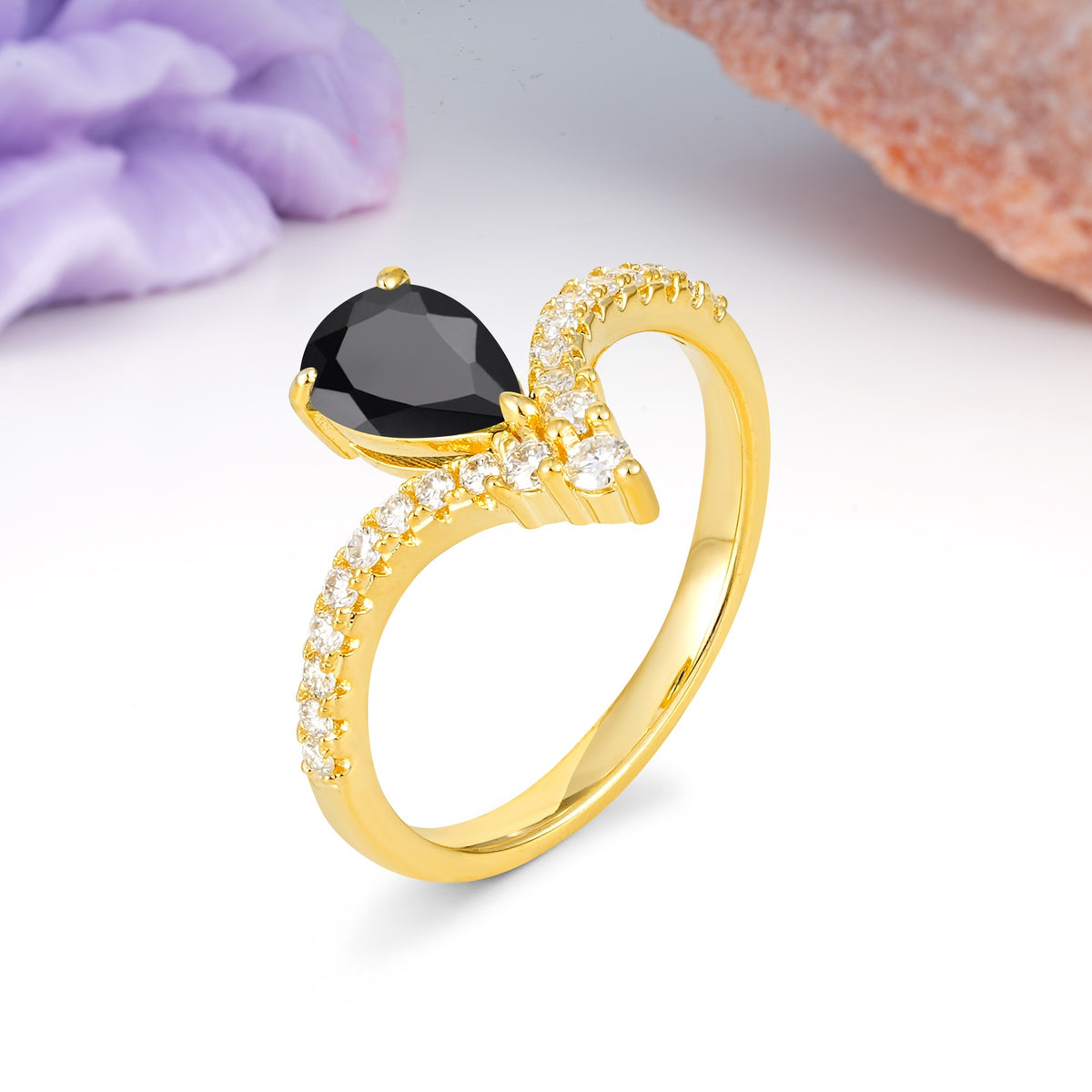 Luxurious Crown 3-Prong Pear Cut Black Onyx Engagement Ring - Additional view