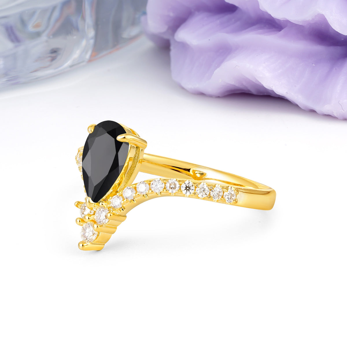 Luxurious Crown 3-Prong Pear Cut Black Onyx Engagement Ring - Additional view