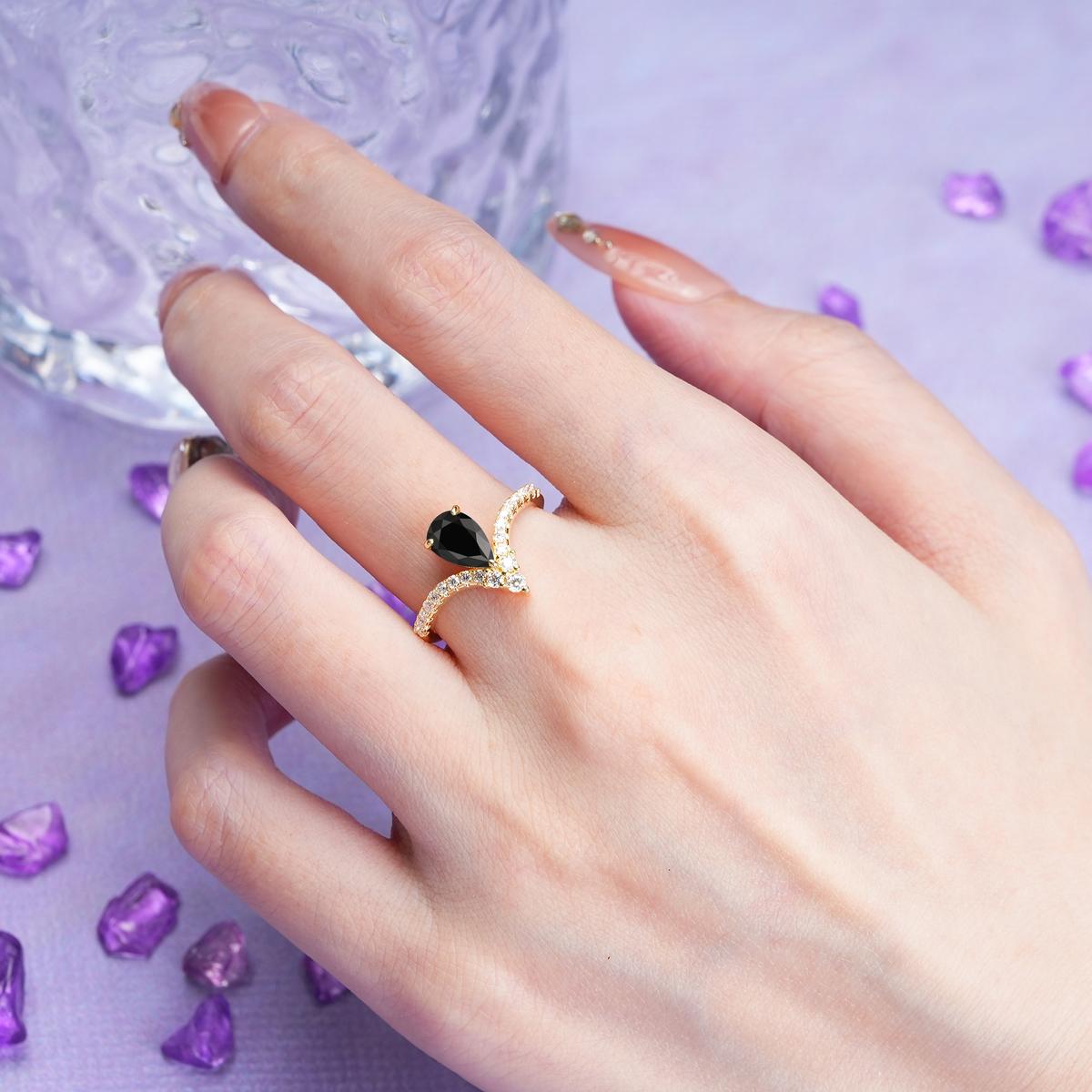 Luxurious Crown 3-Prong Pear Cut Black Onyx Engagement Ring