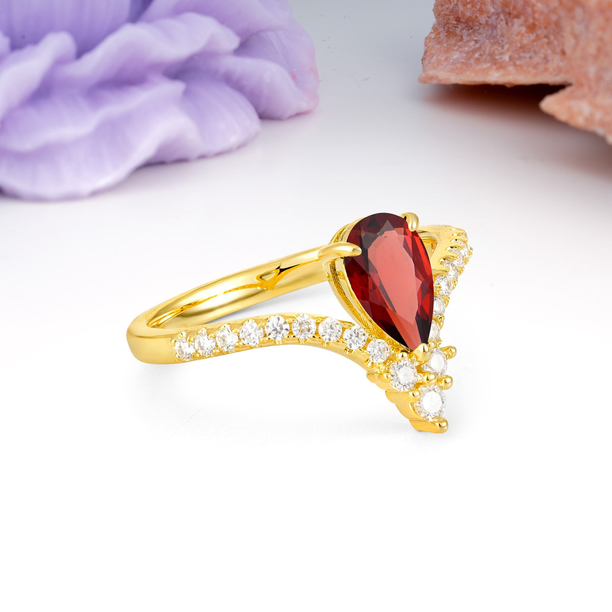 Luxurious Crown 3-Prong Pear Cut Garnet Engagement Ring - Additional view