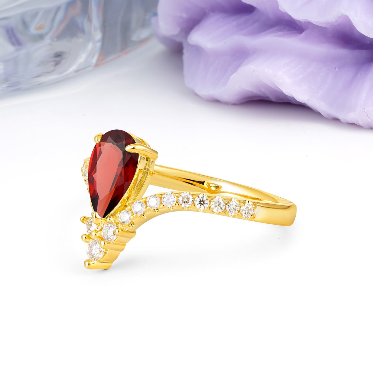 Luxurious Crown 3-Prong Pear Cut Garnet Engagement Ring - Additional view